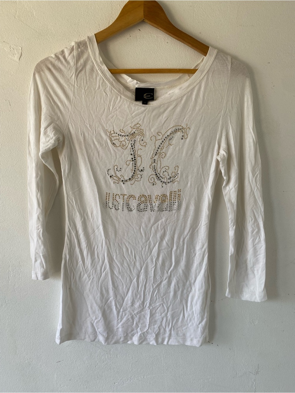 Vintage y2k Just Cavalli White Long Sleeve Tee with Gold Rhinestone Logo